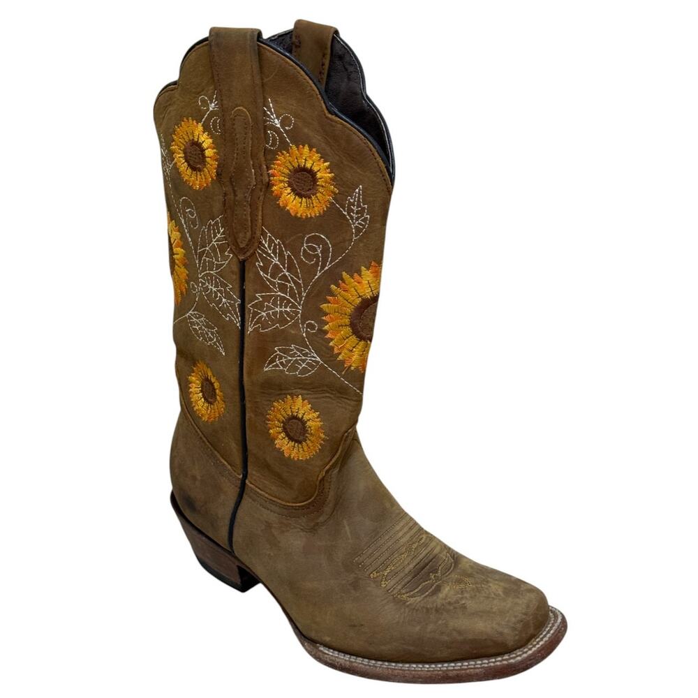 Sunflower Embroidered Boho Western Brown Heeled Boots